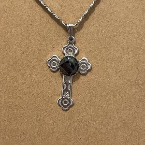 Silver Tone Black Stone‎ Religious Faith Cross Pendant Christian Catholic